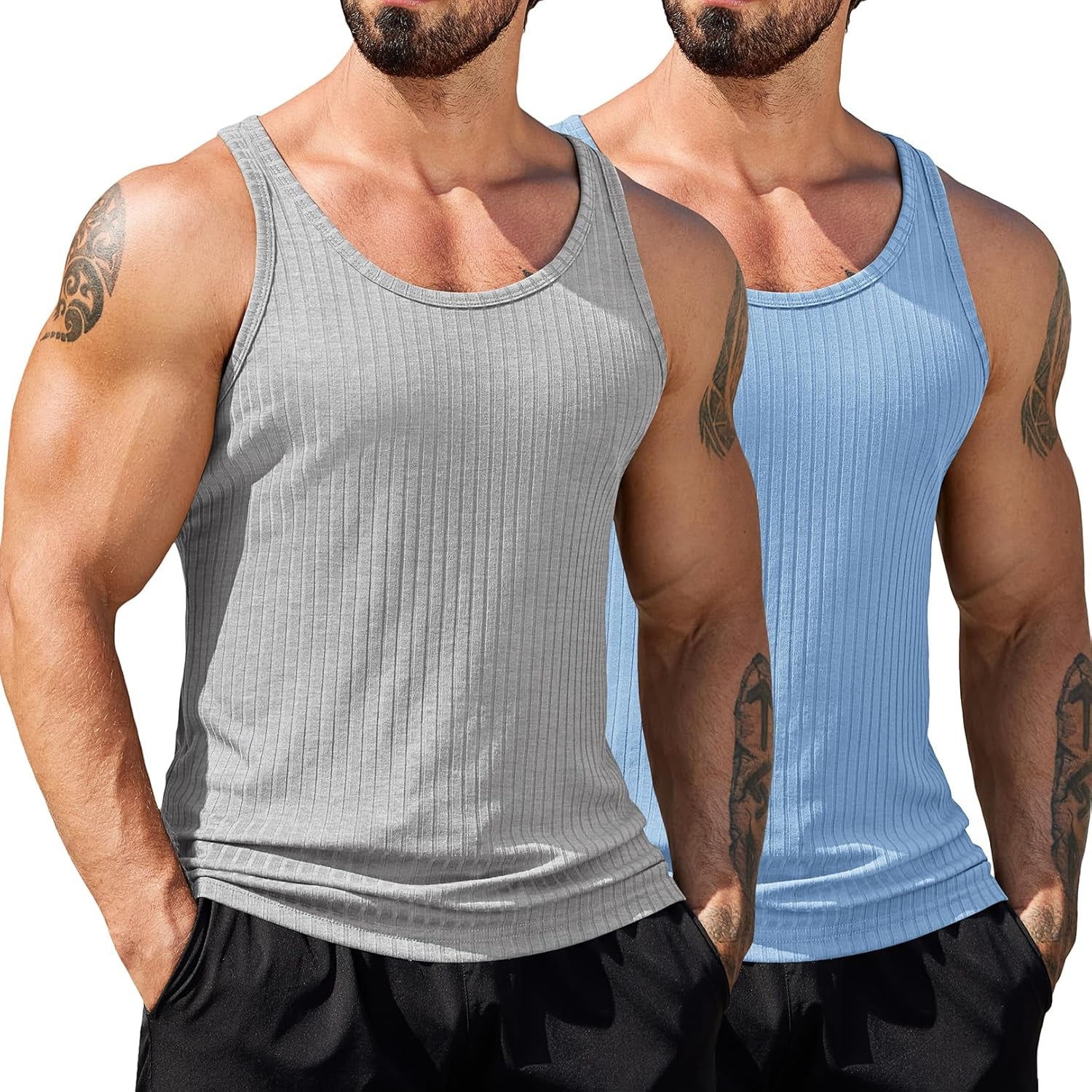 Men'S Workout Tank Top Ribbed Knit Sleeveless Gym Muscle T Shirts Bodybuilding Tee