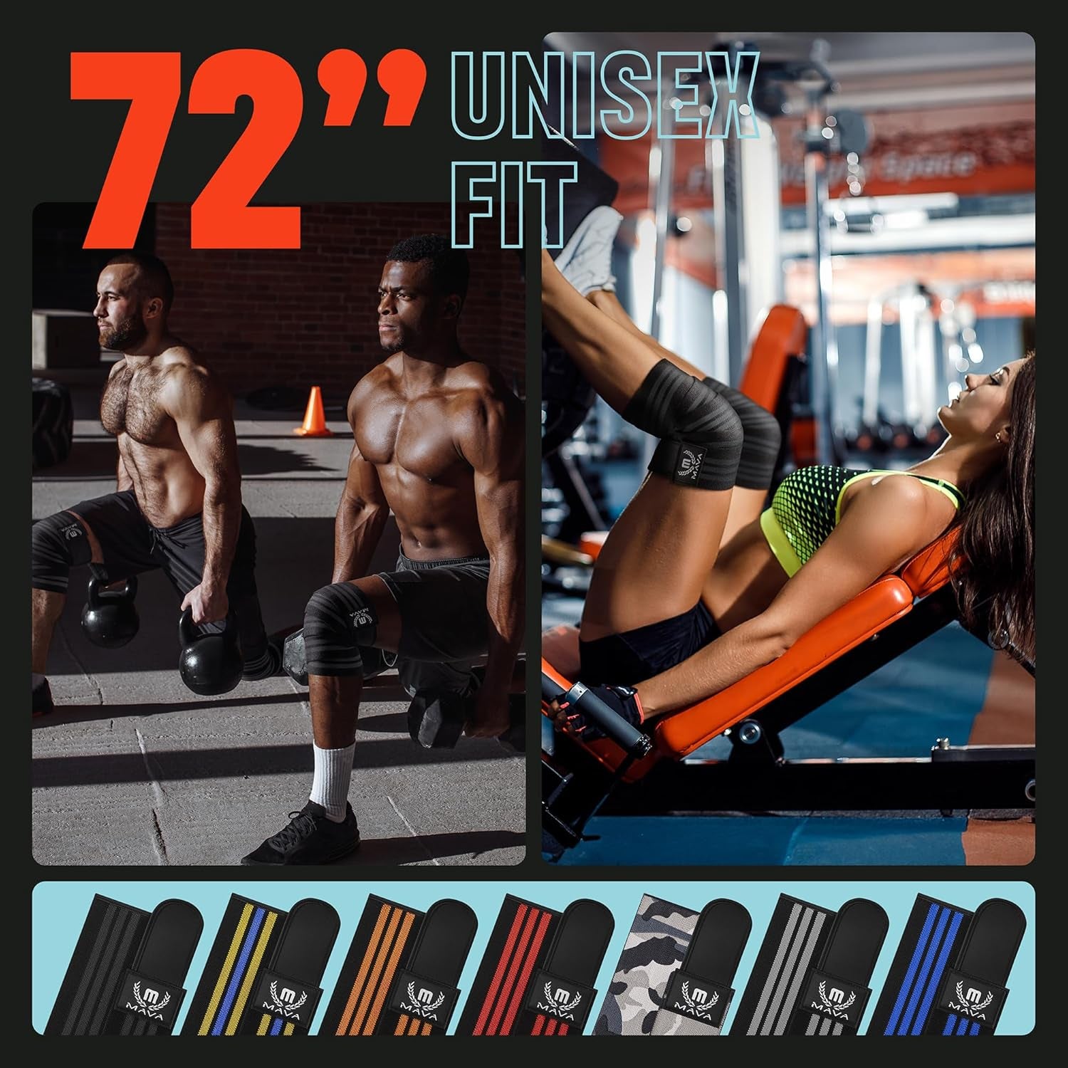 Knee Wraps (Pair) for Men & Women | Ideal for Cross Training, Wods, Gym Workouts, Weightlifting, Fitness & Powerlifting | Knee Straps for Squats | 72" Compression & Elastic Support
