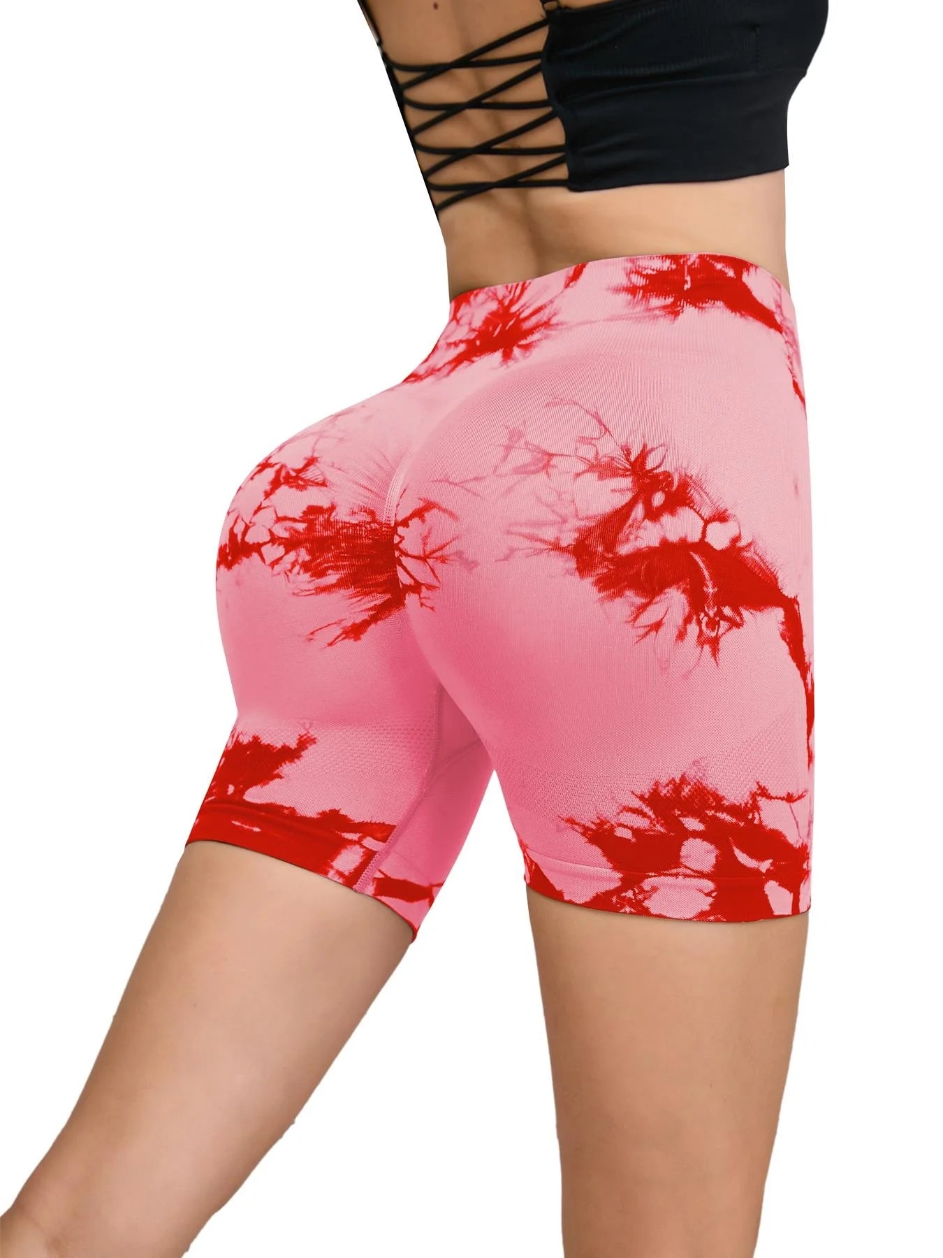 Seamless Tie-Dye Sports Shorts – High Waist Peach Lift for Running & Yoga