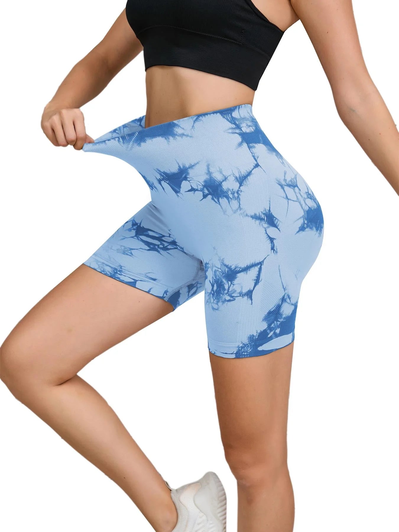 Seamless Tie-Dye Sports Shorts – High Waist Peach Lift for Running & Yoga