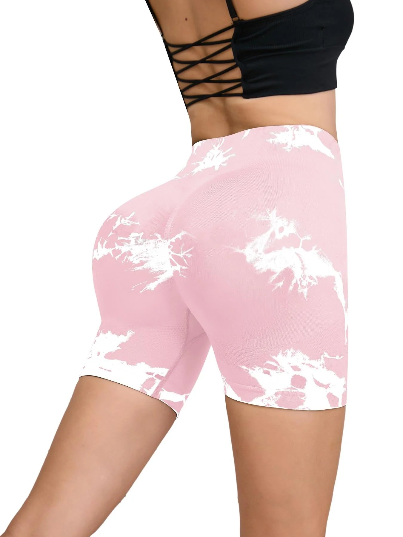 Seamless Tie-Dye Sports Shorts – High Waist Peach Lift for Running & Yoga