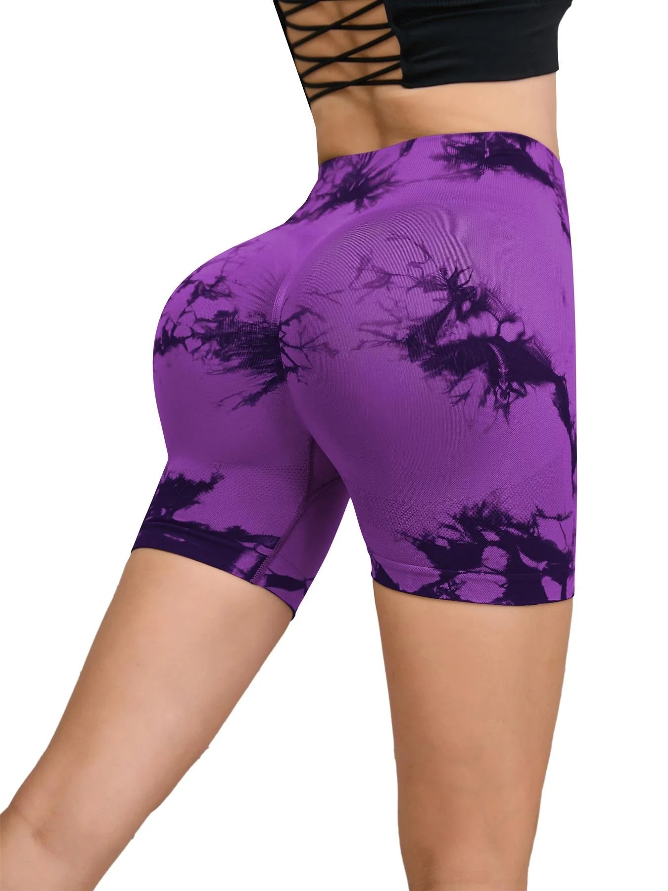 Seamless Tie-Dye Sports Shorts – High Waist Peach Lift for Running & Yoga