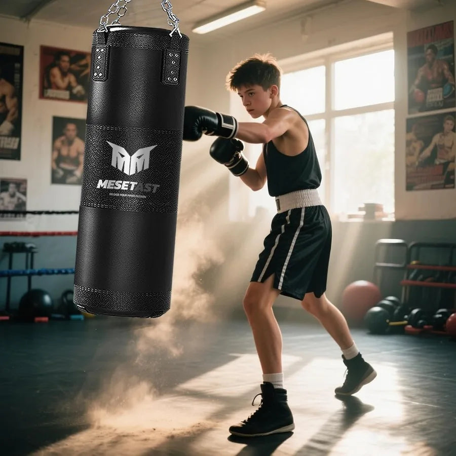 2.7ft Punching Bag with 8 OZ Boxing Gloves for Youth Boxing MMA Karate Kickboxing Unfilled Ideal Training Equipment for and Tee