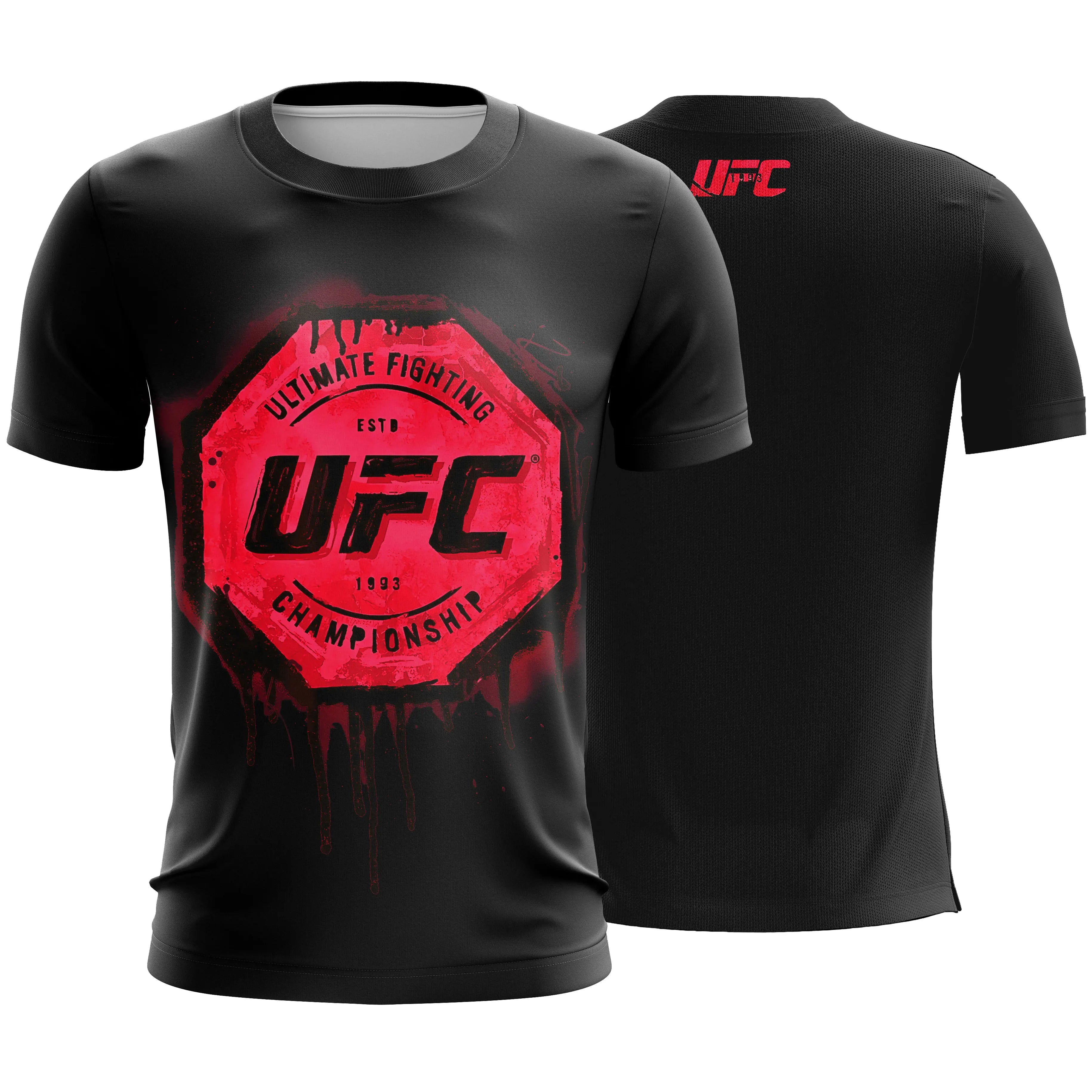 Men's Summer Exercise Trainning T-shirt High Quality Breathable UFC Short Sleeved Top Gold Belt Print Gym Fitness Basketball Tee