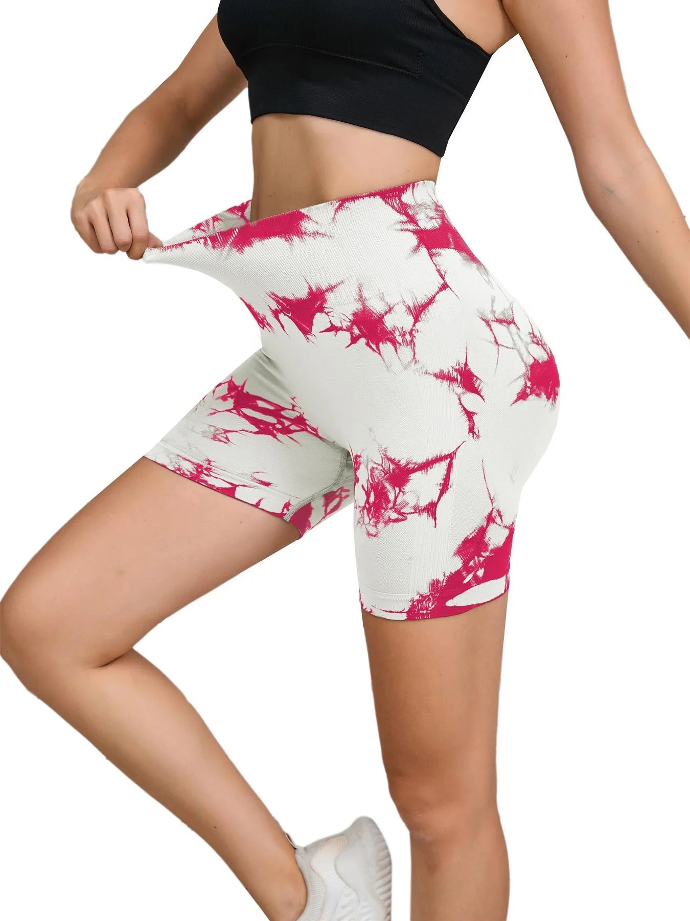 Seamless Tie-Dye Sports Shorts – High Waist Peach Lift for Running & Yoga