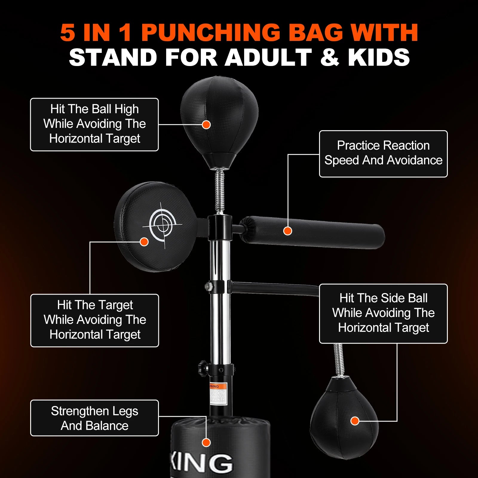 5 in 1 Punching Bag with Stand for Adult & Kids, Freestanding Speed Bag Hitting Target Heavy Kickboxing Bag, Adjustable Height