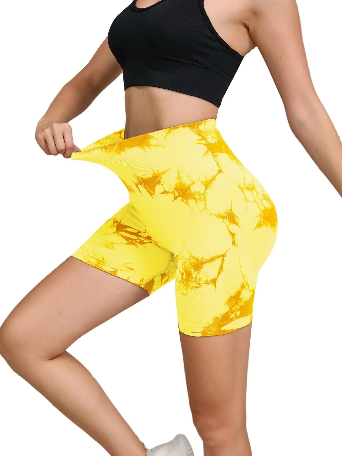Seamless Tie-Dye Sports Shorts – High Waist Peach Lift for Running & Yoga