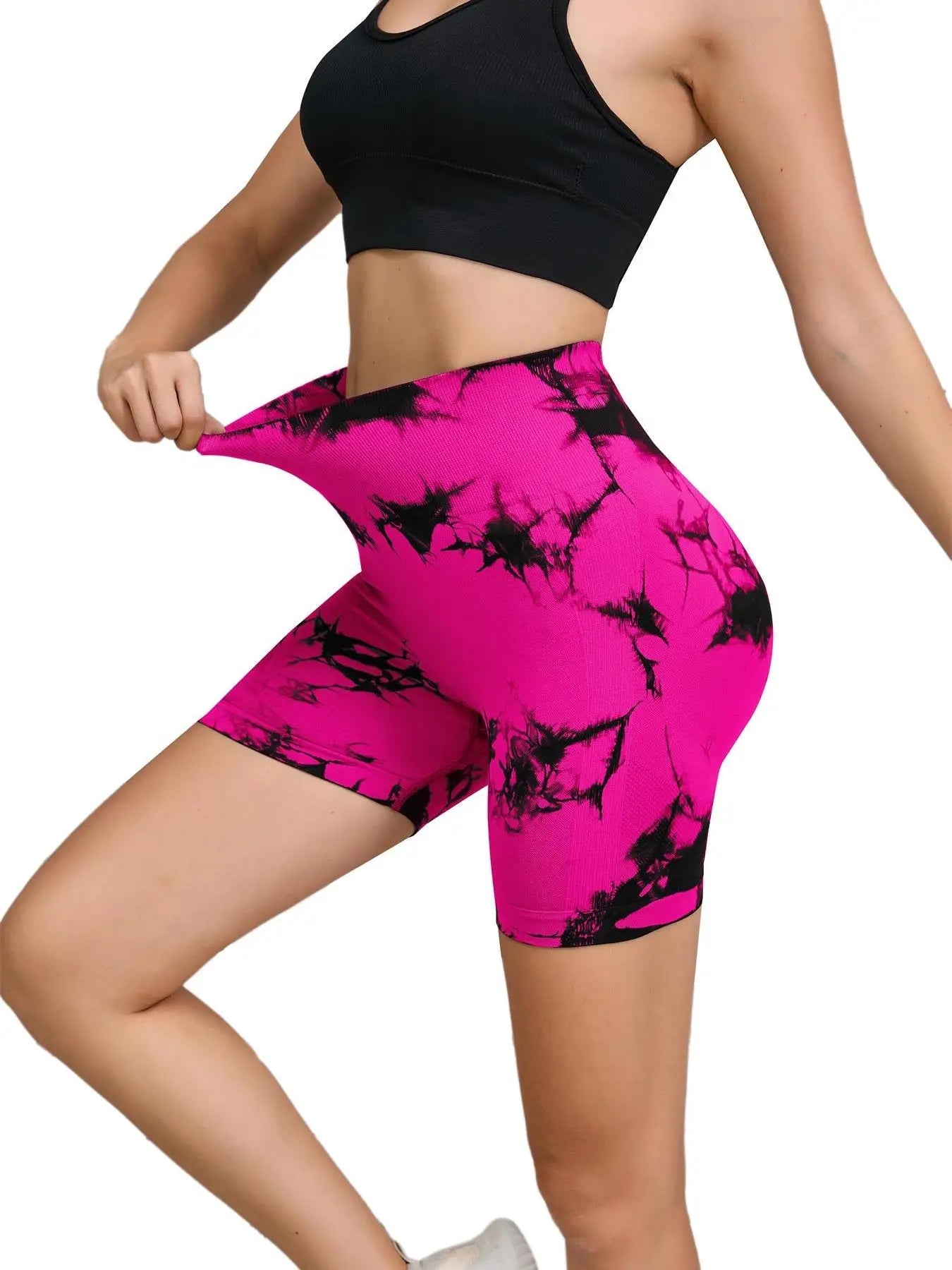 Seamless Tie-Dye Sports Shorts – High Waist Peach Lift for Running & Yoga