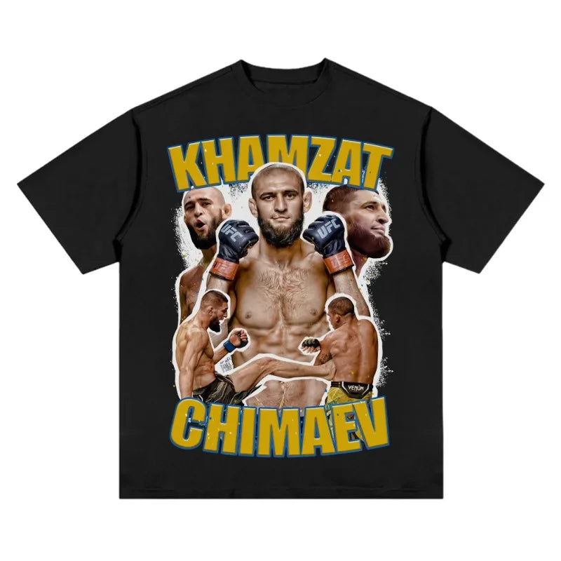 2024 Republic of Chechnya Khamzat Chimaev Vintage Boxing Figure Print Cotton Short Sleeve MMA Sports T-shirt UFC Men Tees