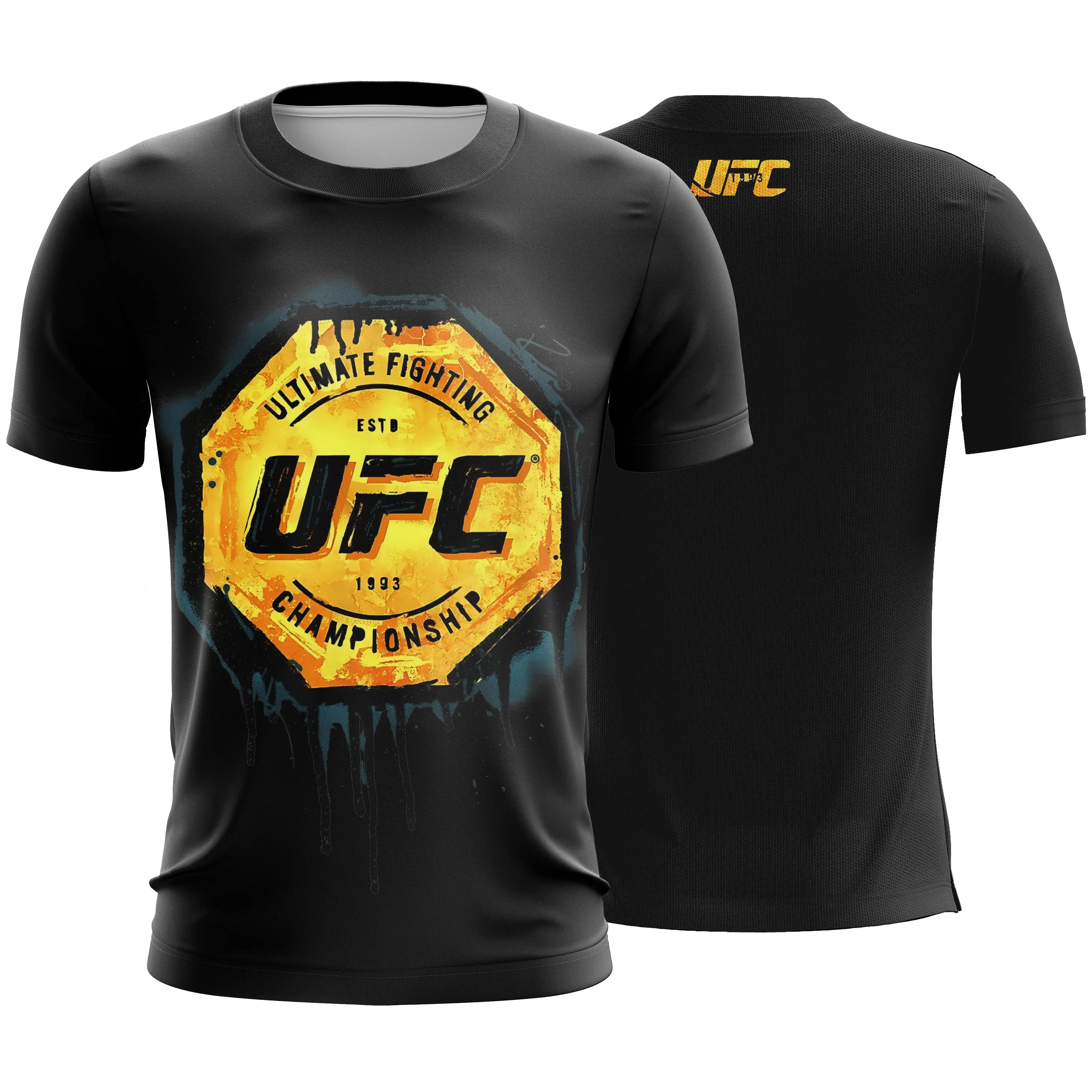 Men's Summer Exercise Trainning T-shirt High Quality Breathable UFC Short Sleeved Top Gold Belt Print Gym Fitness Basketball Tee