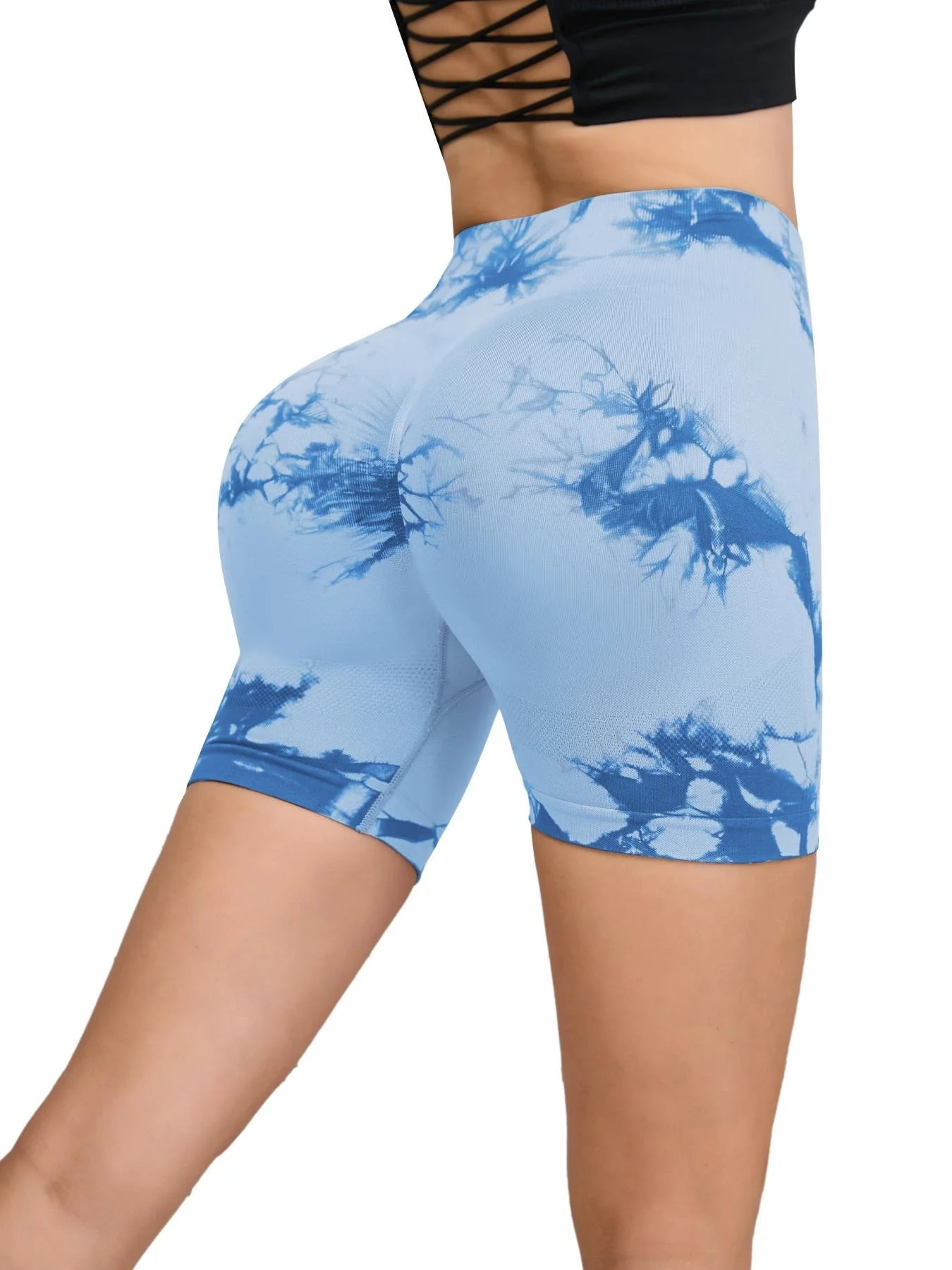 Seamless Tie-Dye Sports Shorts – High Waist Peach Lift for Running & Yoga