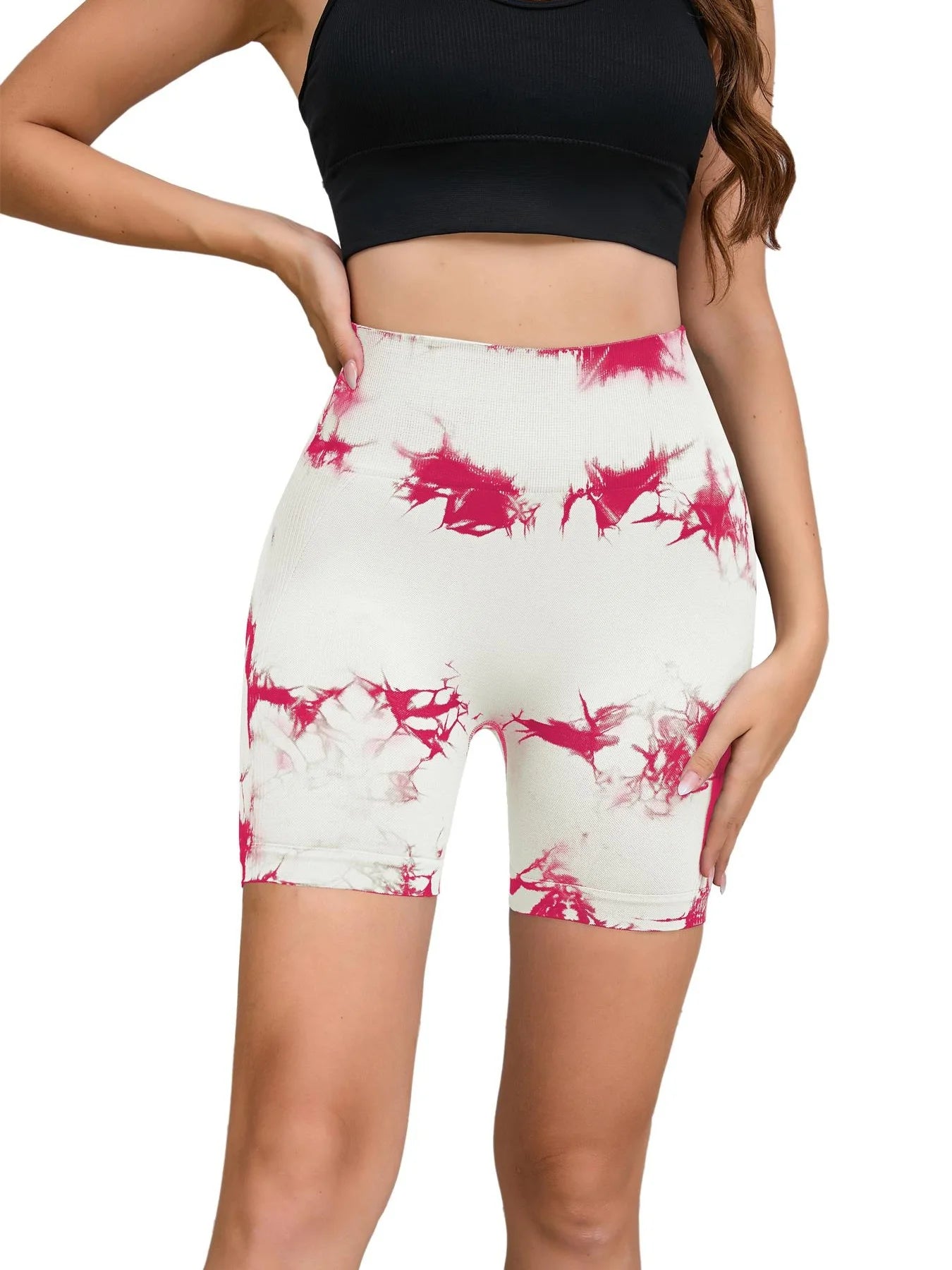 Seamless Tie-Dye Sports Shorts – High Waist Peach Lift for Running & Yoga