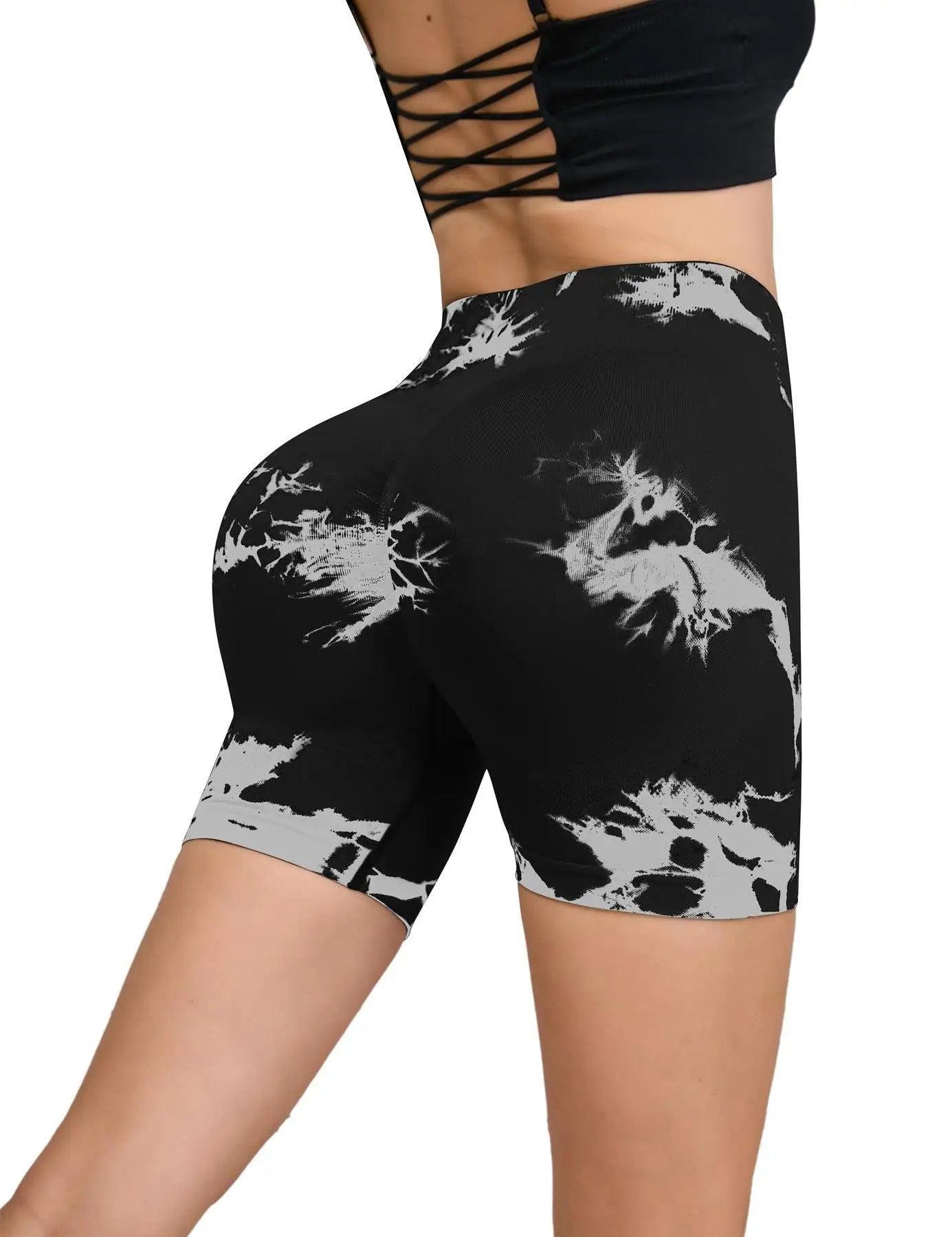 Seamless Tie-Dye Sports Shorts – High Waist Peach Lift for Running & Yoga