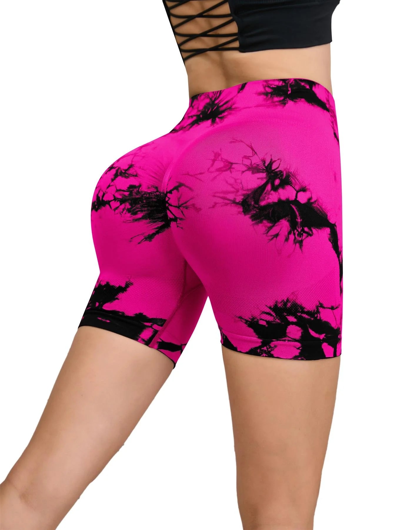 Seamless Tie-Dye Sports Shorts – High Waist Peach Lift for Running & Yoga