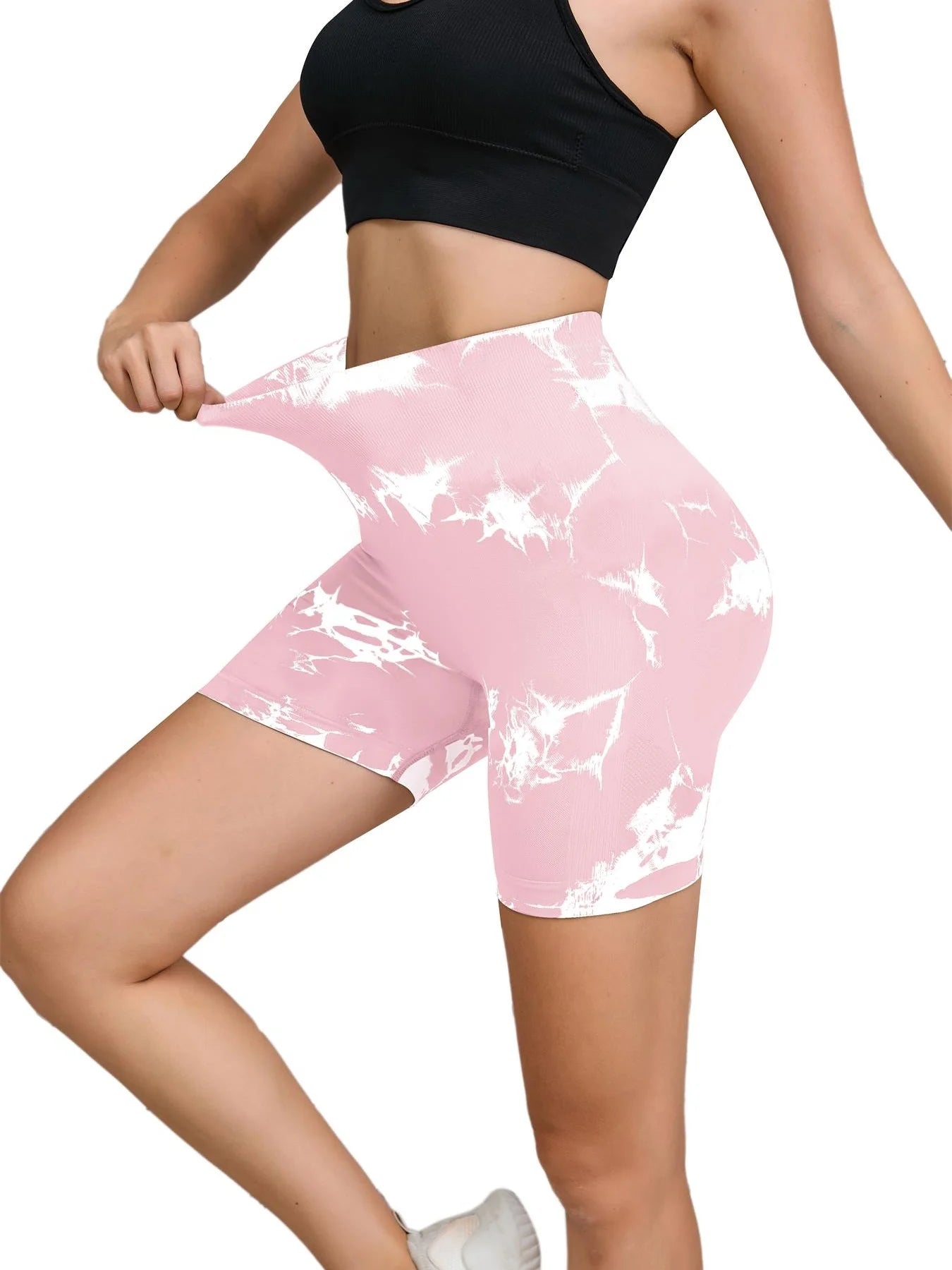 Seamless Tie-Dye Sports Shorts – High Waist Peach Lift for Running & Yoga