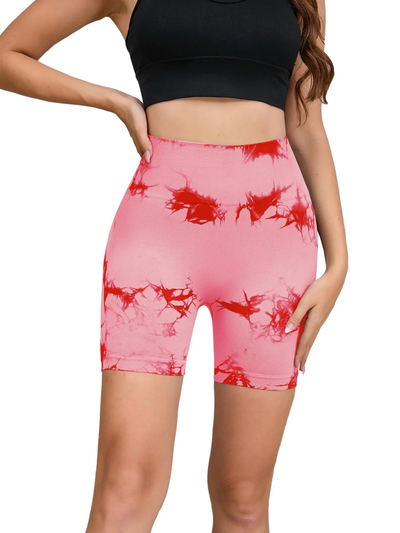 Seamless Tie-Dye Sports Shorts – High Waist Peach Lift for Running & Yoga