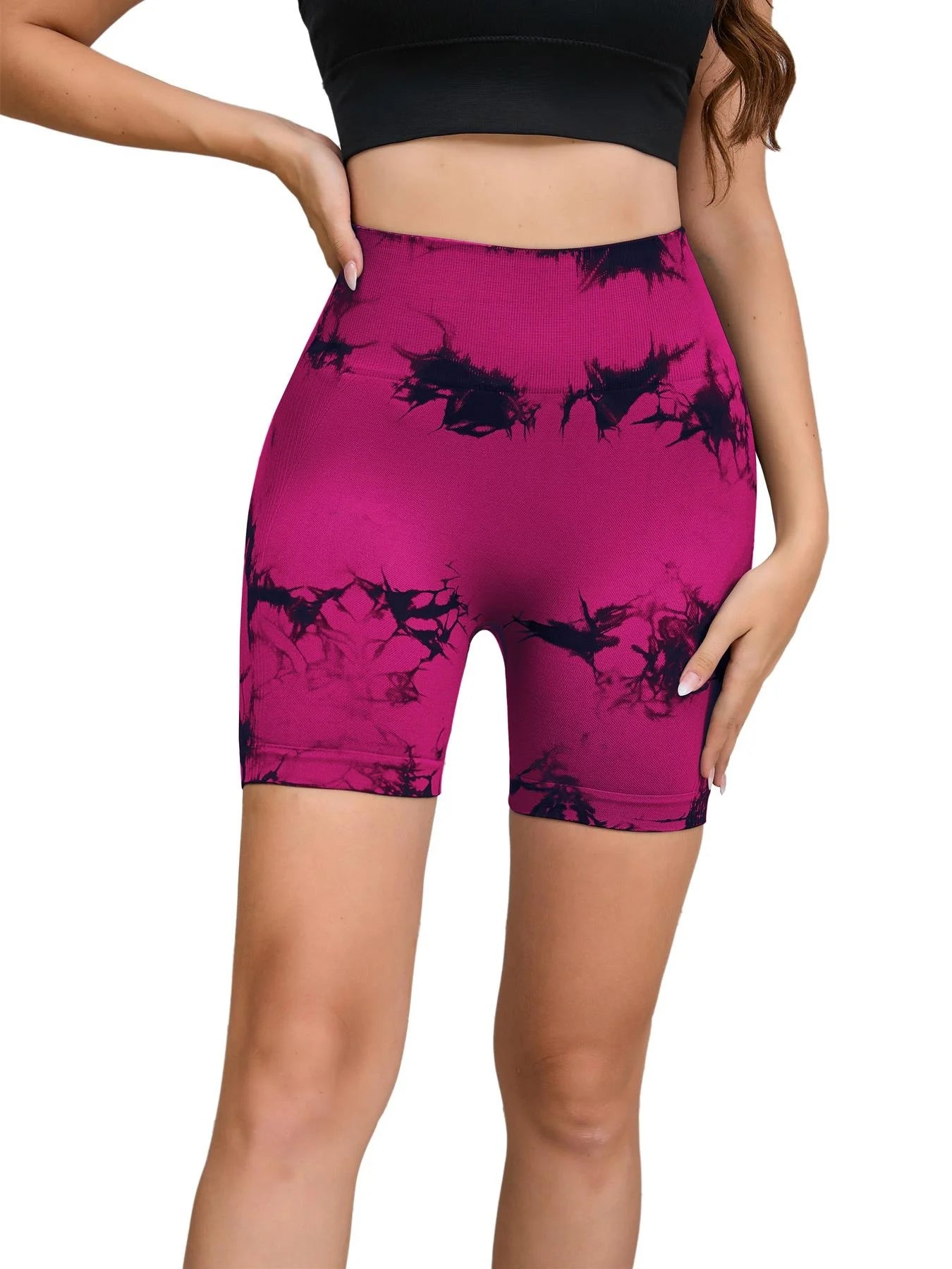 Seamless Tie-Dye Sports Shorts – High Waist Peach Lift for Running & Yoga