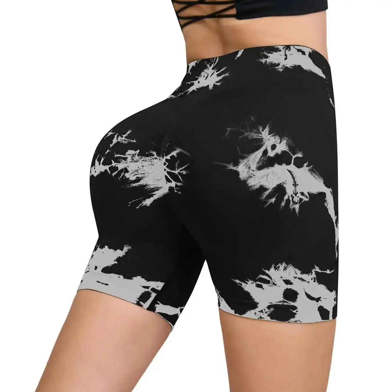 Seamless Tie-Dye Sports Shorts – High Waist Peach Lift for Running & Yoga