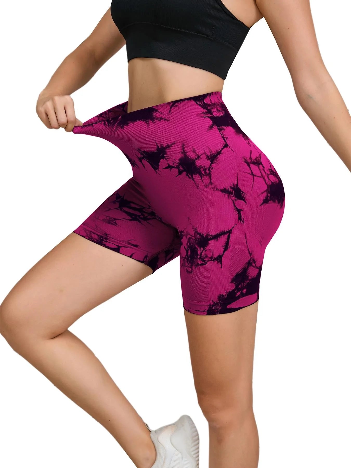 Seamless Tie-Dye Sports Shorts – High Waist Peach Lift for Running & Yoga
