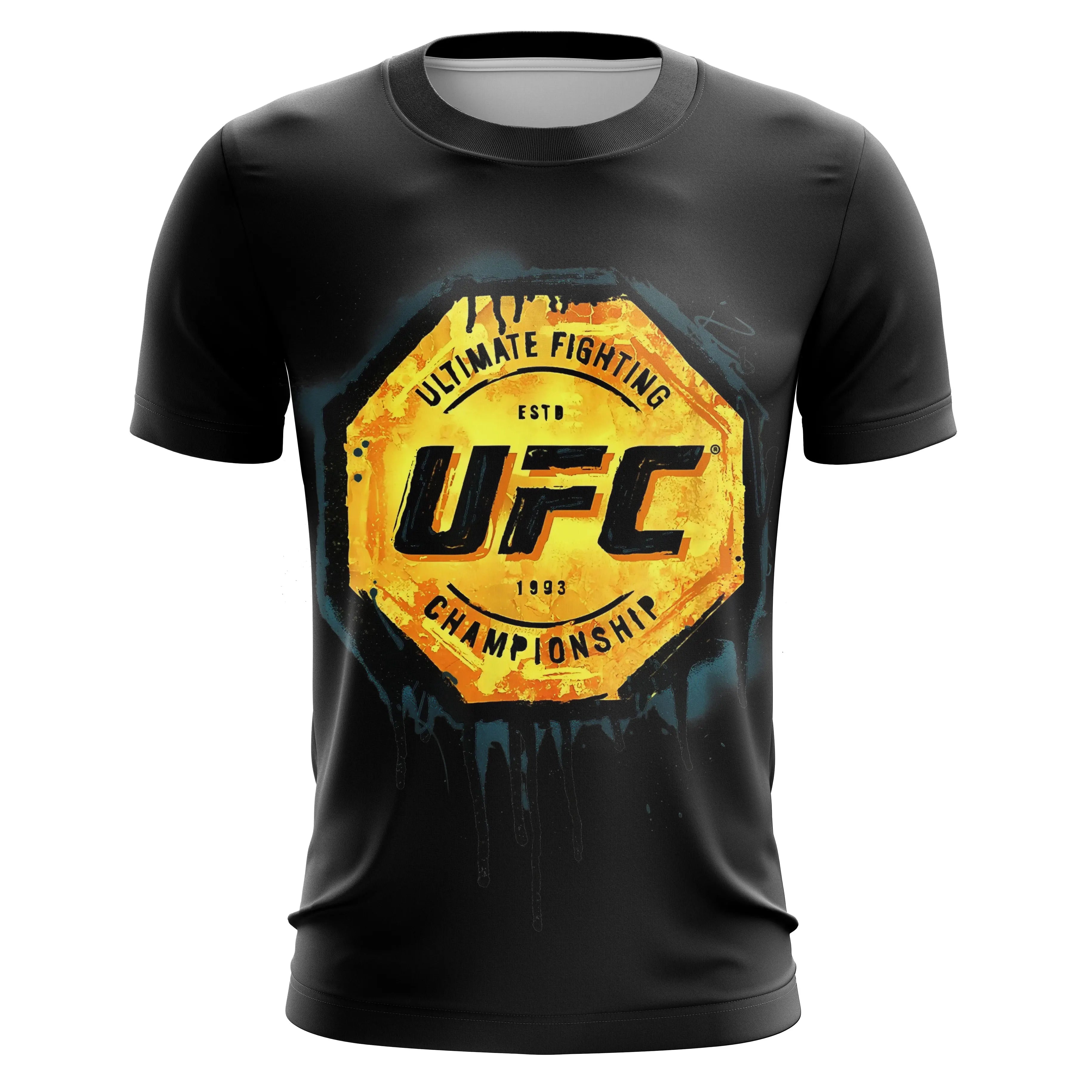 Men's Summer Exercise Trainning T-shirt High Quality Breathable UFC Short Sleeved Top Gold Belt Print Gym Fitness Basketball Tee