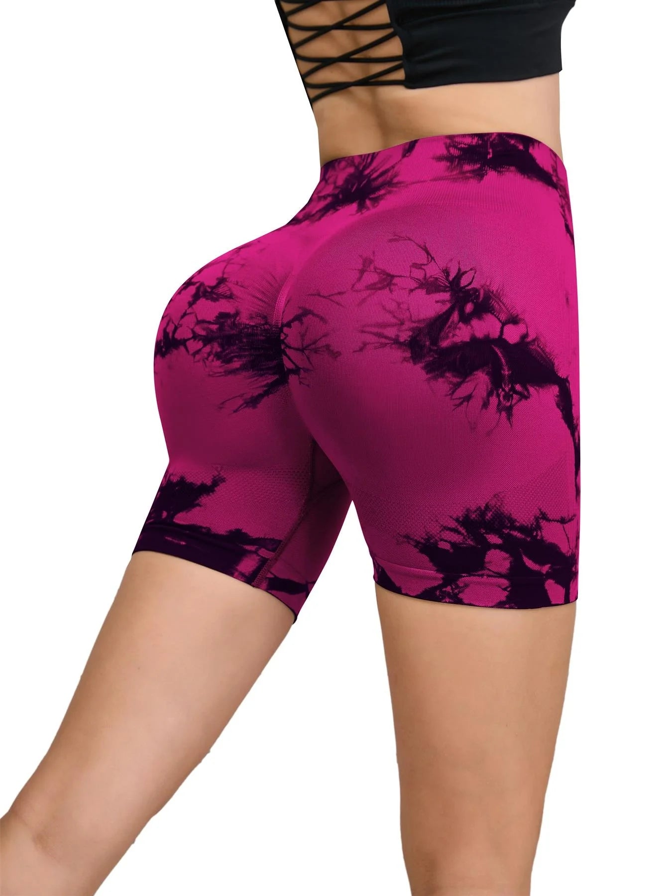 Seamless Tie-Dye Sports Shorts – High Waist Peach Lift for Running & Yoga